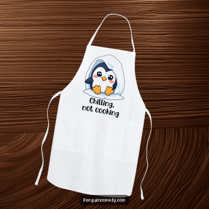 Funny Penguin Apron: A humorous kitchen apron featuring a curious penguin peeking from an iceberg, perfect for adding fun to cooking.