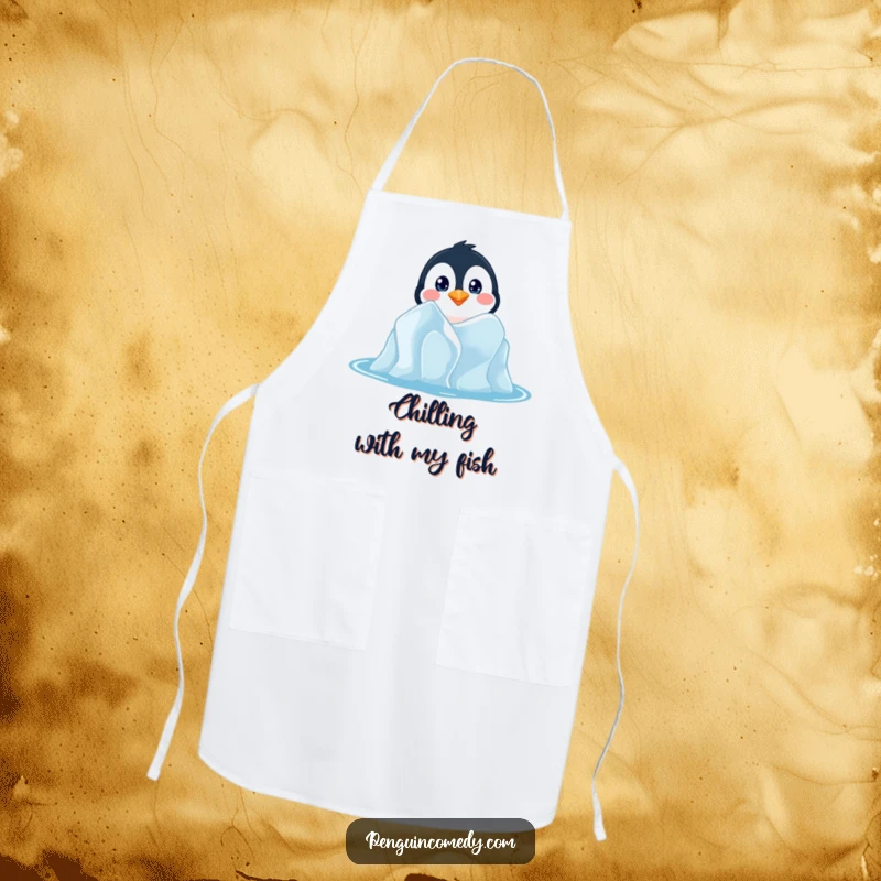 Funny apron with a penguin peeking from an iceberg, making kitchen tasks more entertaining and humorous for aspiring chefs.