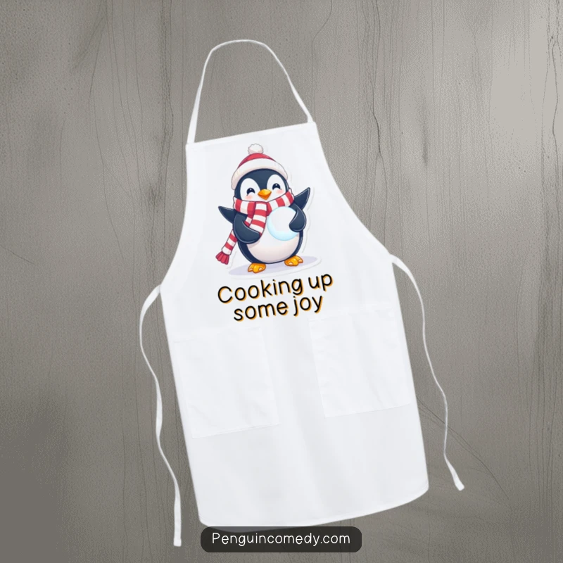 Funny Penguin Apron showcasing a penguin in a festive scarf holding a glowing snowball, perfect for adding winter magic to cooking.