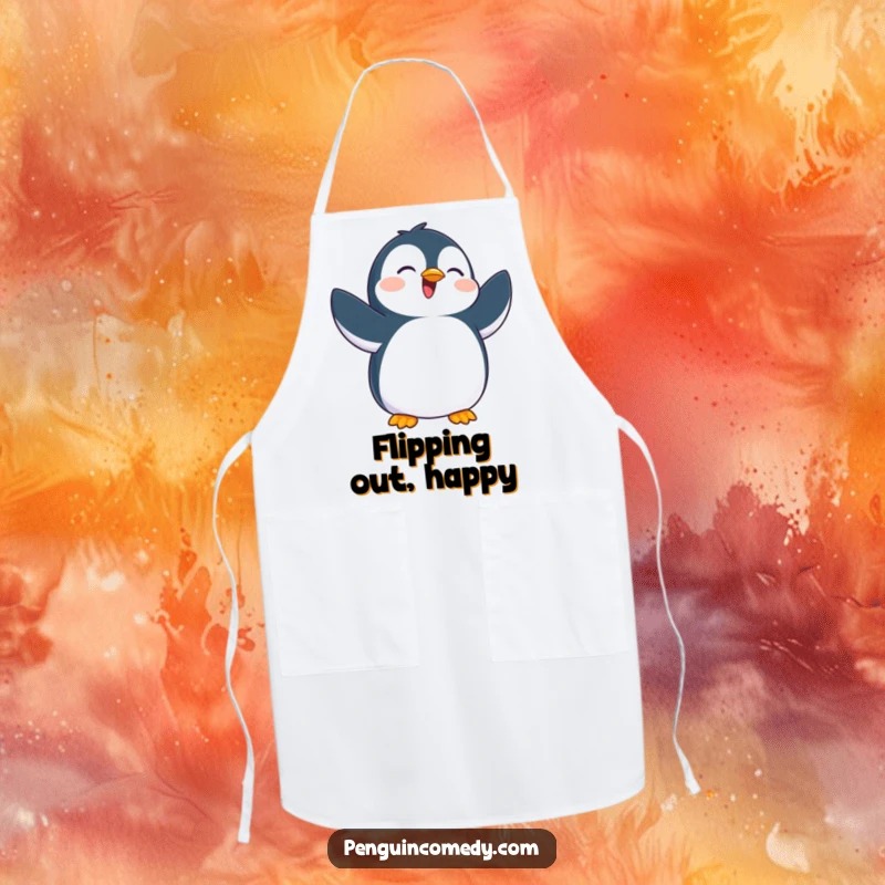 Funny apron designed with an ecstatic penguin flapping flippers, bringing a sense of playful joy and cheer to cooking tasks.