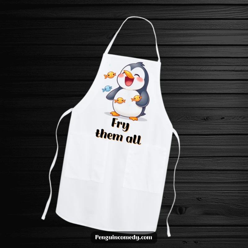 Funny apron with a grinning penguin skillfully juggling shiny fish while cooking in the kitchen.