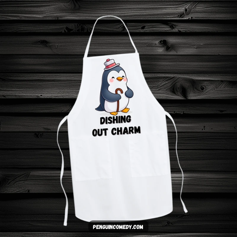 Funny kitchen apron illustrated with a happy penguin wearing a top hat and holding a cane, adding dapper charm to cooking.
