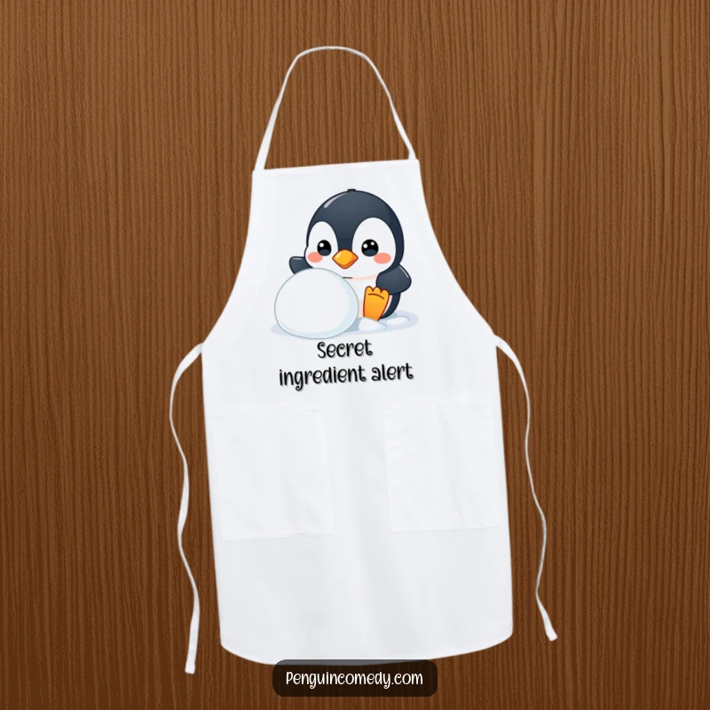 Funny apron featuring a mischievous penguin peeking from behind a snowball, humorous kitchen wear, a gift.