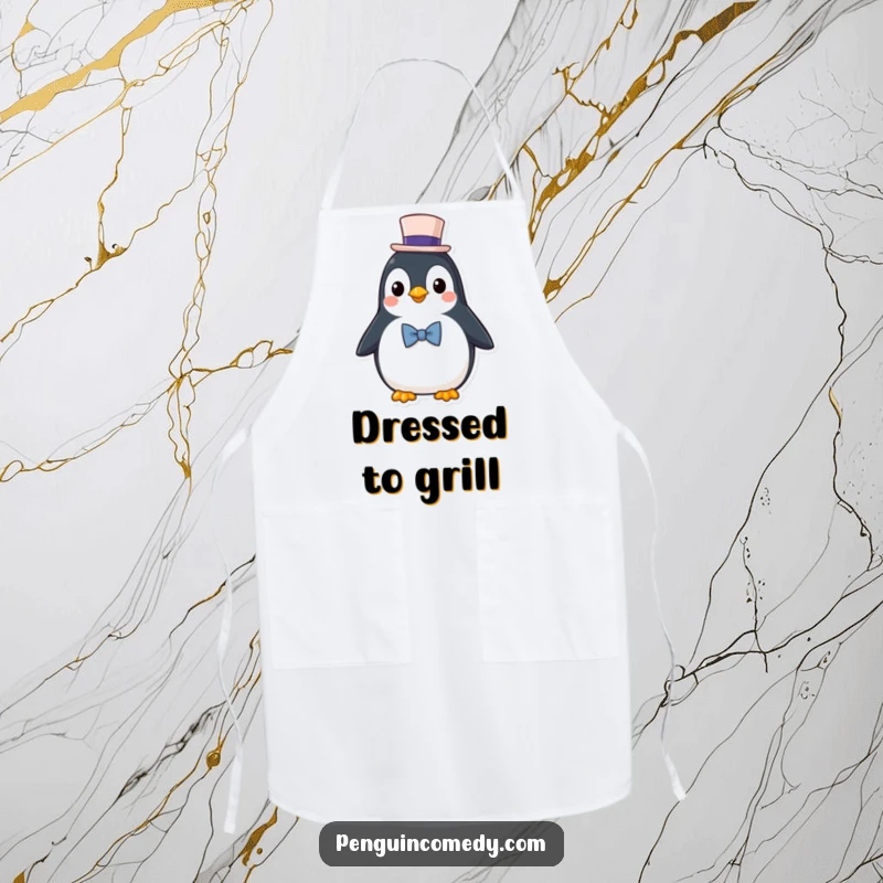 Funny Apron: A distinguished penguin character wearing a top hat and bowtie, ready for elegant cooking.