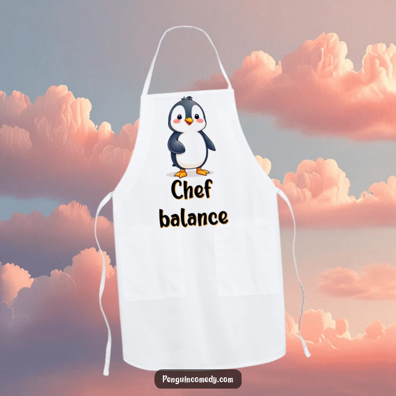 Funny penguin character with impeccable balance, standing on one foot while cooking, looking focused on this kitchen apron.