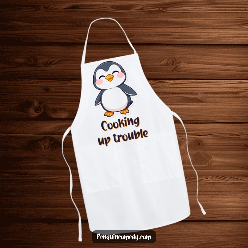 Funny penguin character wearing a mischievous sideways grin, hinting at culinary secrets, featured on this functional kitchen apron.