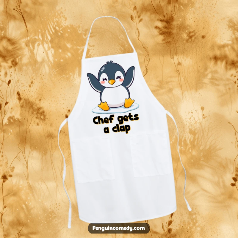Funny penguin clapping playfully with flippers on ice, on a kitchen apron, perfect for a funny gift.