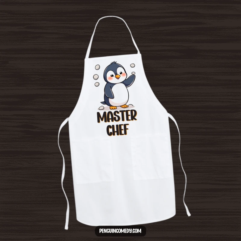 Funny penguin character comically attempting to juggle three pebbles while cooking, looking focused yet dorky on this apron.