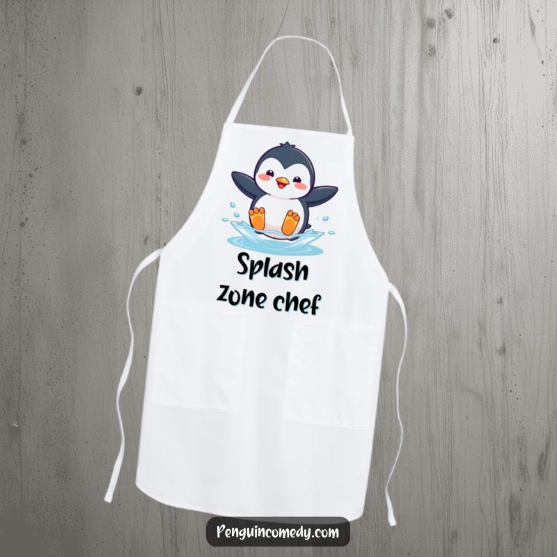Funny apron showing a playful penguin mid-jump, flippers out, about to dive into water while cooking.
