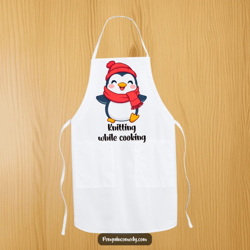 Funny penguin scarf apron, a cheerful bird holding a red scarf, ready for kitchen duties with a festive touch.