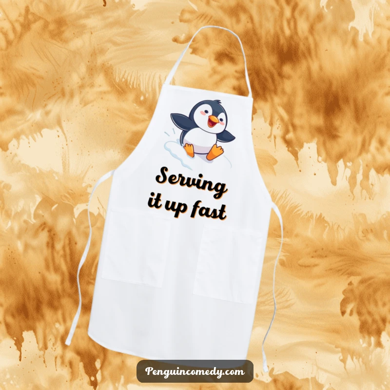 Funny Penguin Apron showcasing a gleeful penguin sliding headfirst down a snowy slope, perfect for adding winter cheer to cooking.