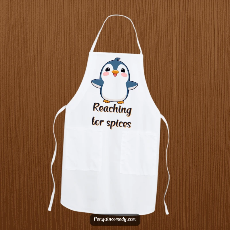 Funny joyful penguin apron, with flippers outstretched, ready for kitchen tasks with a happy, uplifting spirit.