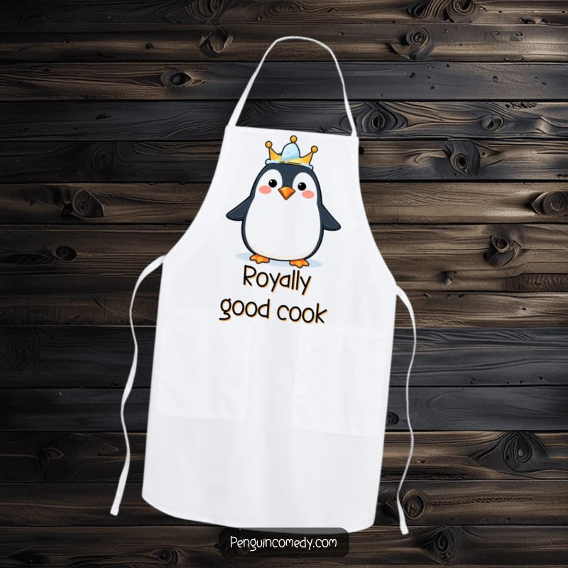 Funny apron featuring a happy penguin wearing an ice crown, perfect for a joyful cook, a gift.