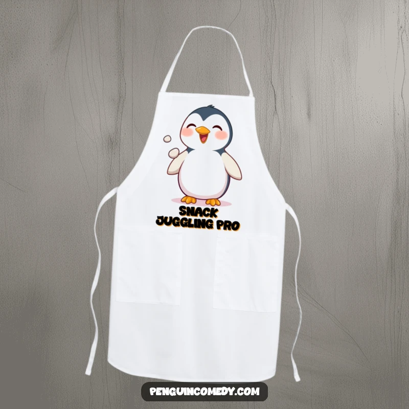 Funny Penguin Apron: A humorous apron featuring a delighted penguin juggling pebbles, ideal for adding fun and flair to culinary tasks.