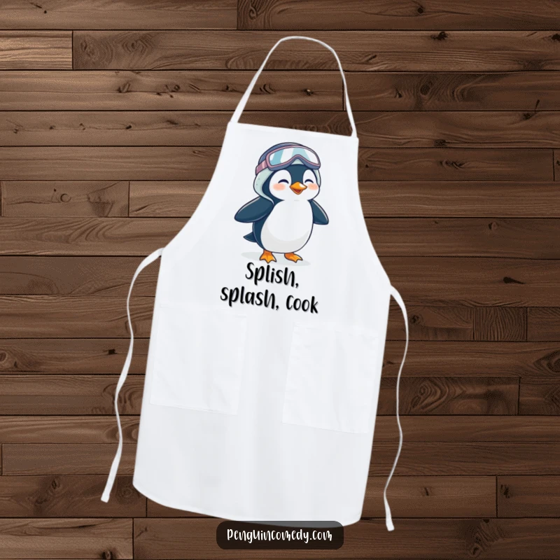 Funny Penguin Apron: A humorous apron featuring a giggling penguin waddling in oversized galoshes, perfect for adding fun to cooking.