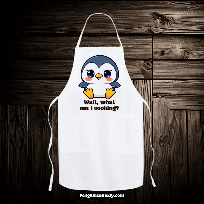 Funny apron featuring a surprised penguin, perfect for cooking and baking, a humorous gift.