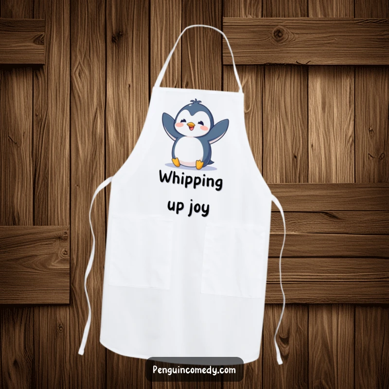 Funny apron design featuring a penguin flapping its wings with excitement, adding a playful touch to cooking tasks.