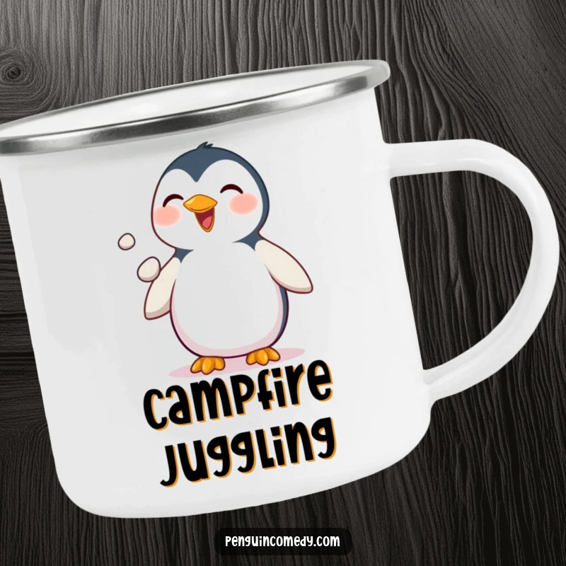 Funny Penguin Camping Mug: A durable mug for outdoor adventures, featuring a delighted penguin juggling pebbles, bringing cheer and humor.