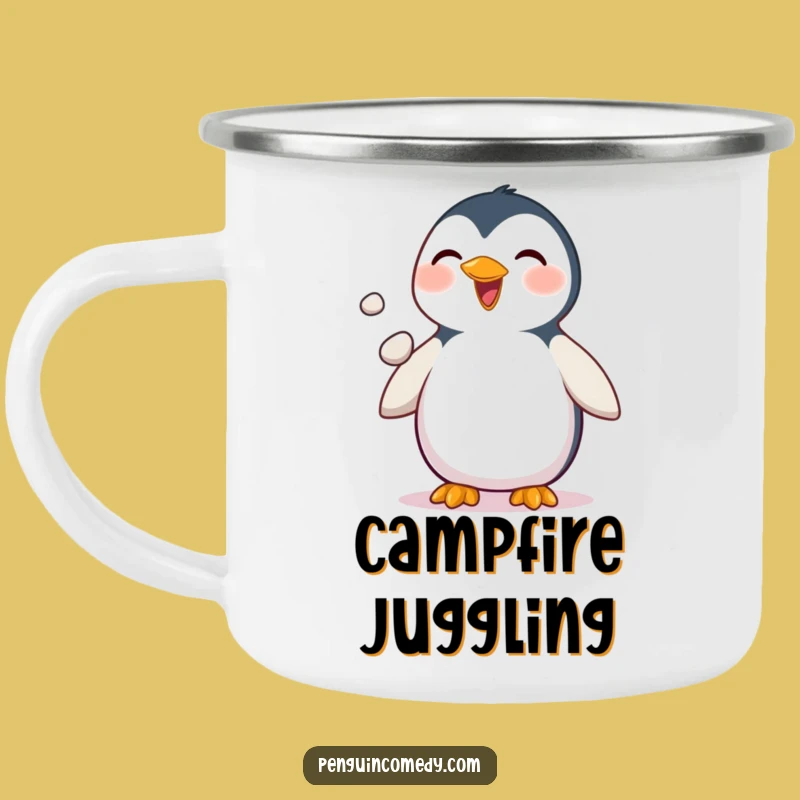 Funny Penguin Camping Mug - Juggling Pebbles Drinkware, Outdoor Fun Gift