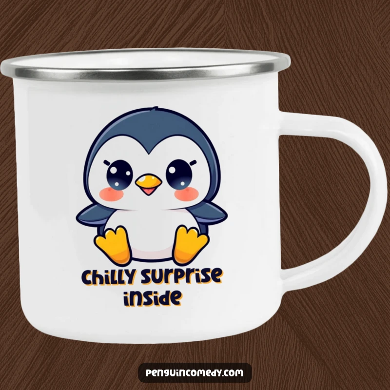 Funny camping mug featuring a surprised penguin, perfect for outdoor adventures, a humorous gift.