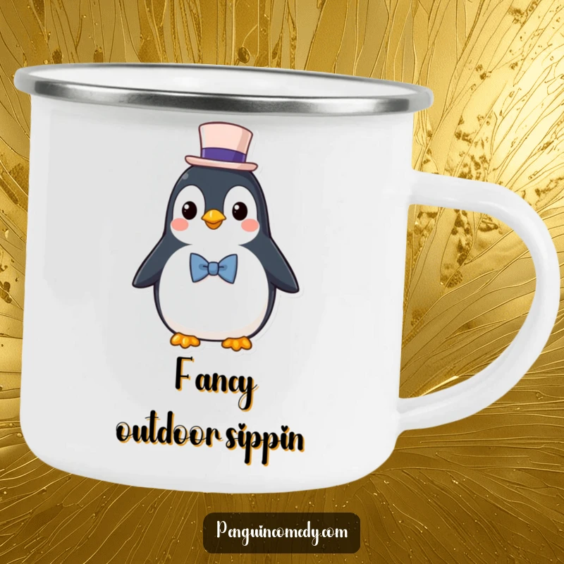 Funny Camping Mug: A distinguished penguin character wearing a top hat and bowtie, perfect for stylish outdoor enjoyment.