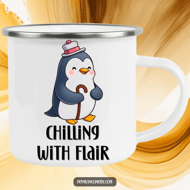 Funny enamel camping mug featuring a happy penguin in a top hat and cane, perfect for enjoying beverages during outdoor escapades.