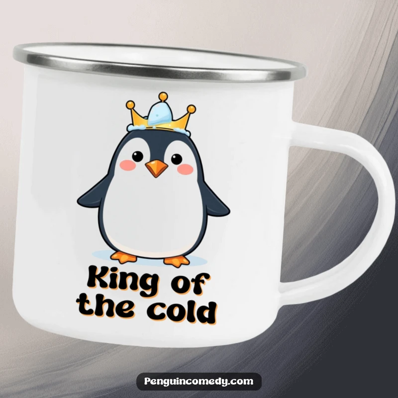 Funny camping mug with a happy penguin sporting an ice crown, perfect for outdoor enjoyment, a gift.