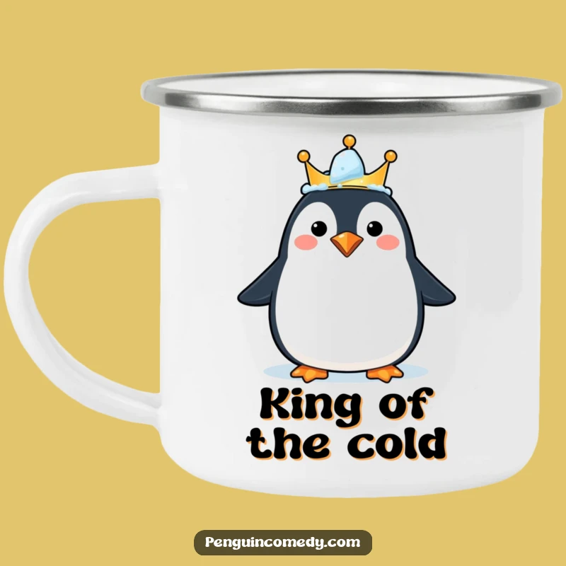 Funny Happy Penguin Crown Camping Mug - Regal Adventures and Hot Drinks Gift