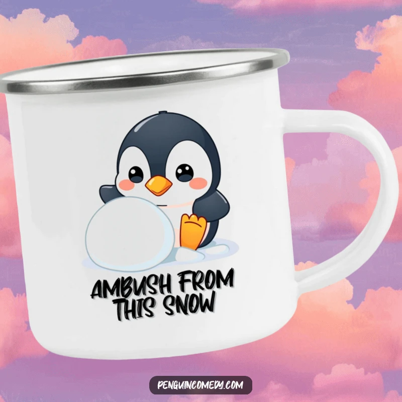 Funny camping mug with a mischievous penguin peeking, great for outdoor adventures, a humorous gift.