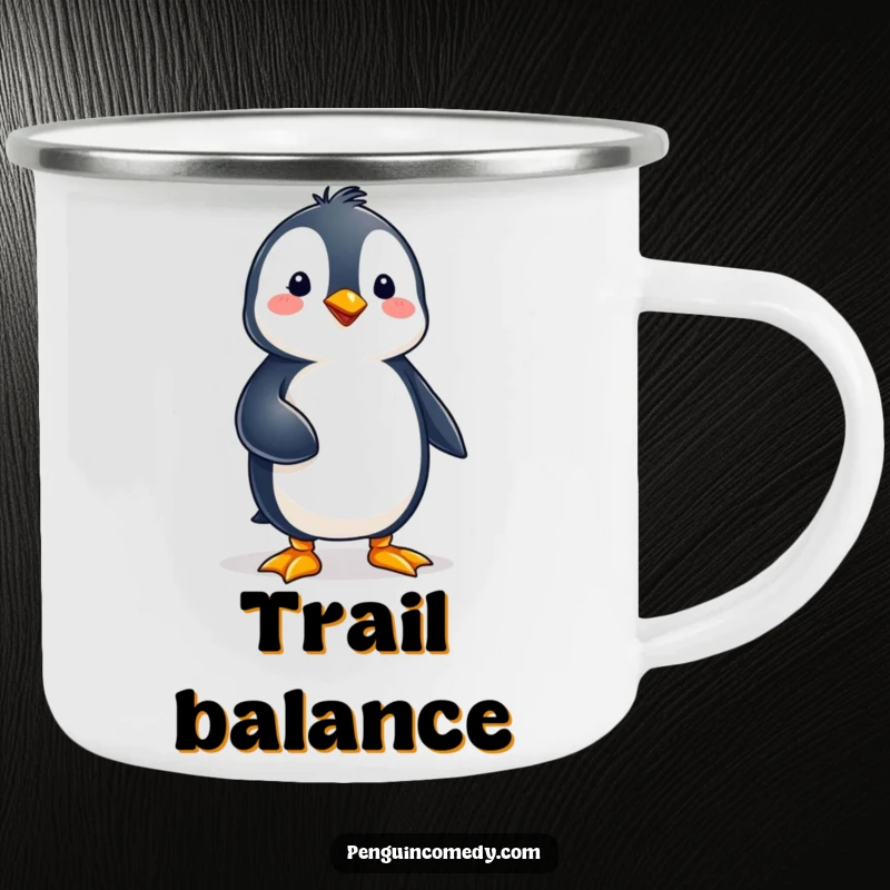 Funny penguin character standing steadily on one foot, exuding balance and calm during outdoor adventures on this enamel camping mug.