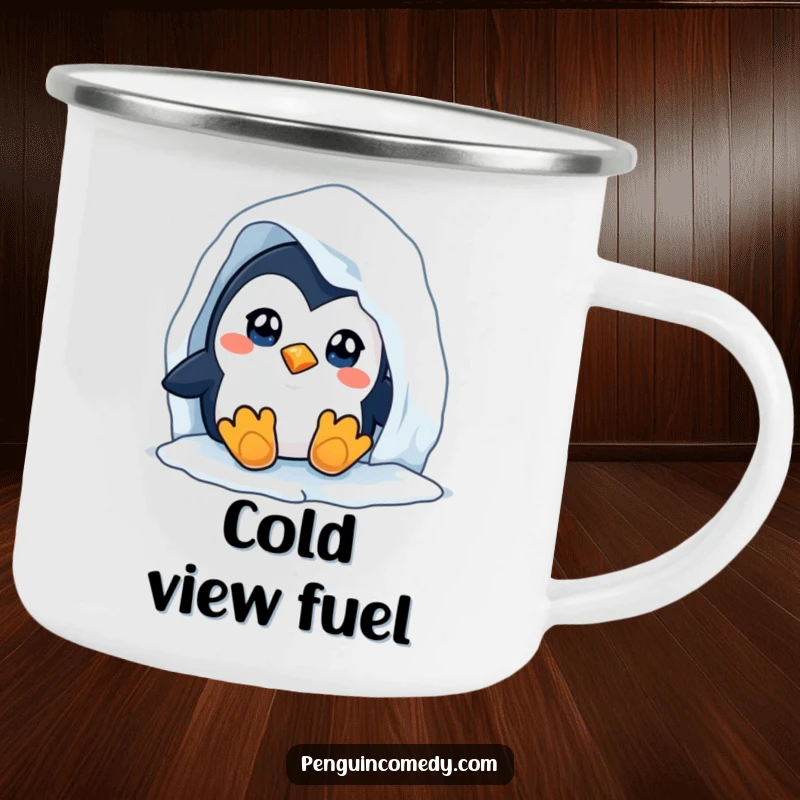 Funny Penguin Camping Mug: A durable mug for outdoor use, featuring a curious penguin peeking from an iceberg, perfect for adventure.