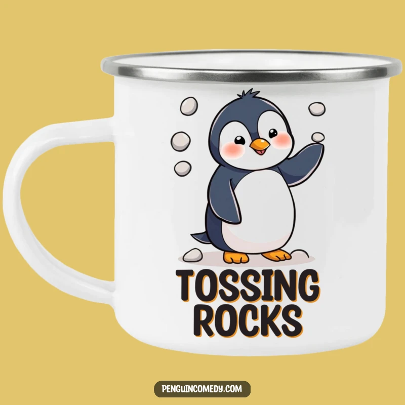 Funny Penguin Juggling Enamel Camping Mug - Adventure Ready Humor!