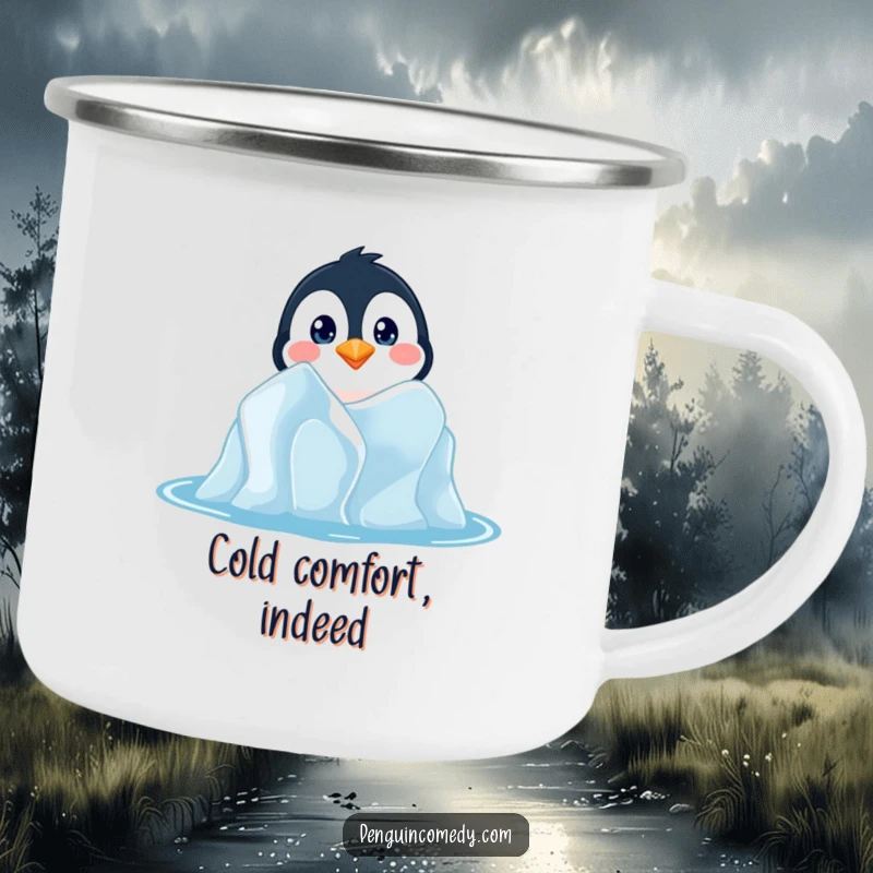 Funny camping mug showing a penguin peeking from an iceberg, ideal for sipping hot beverages during outdoor excursions with humor.