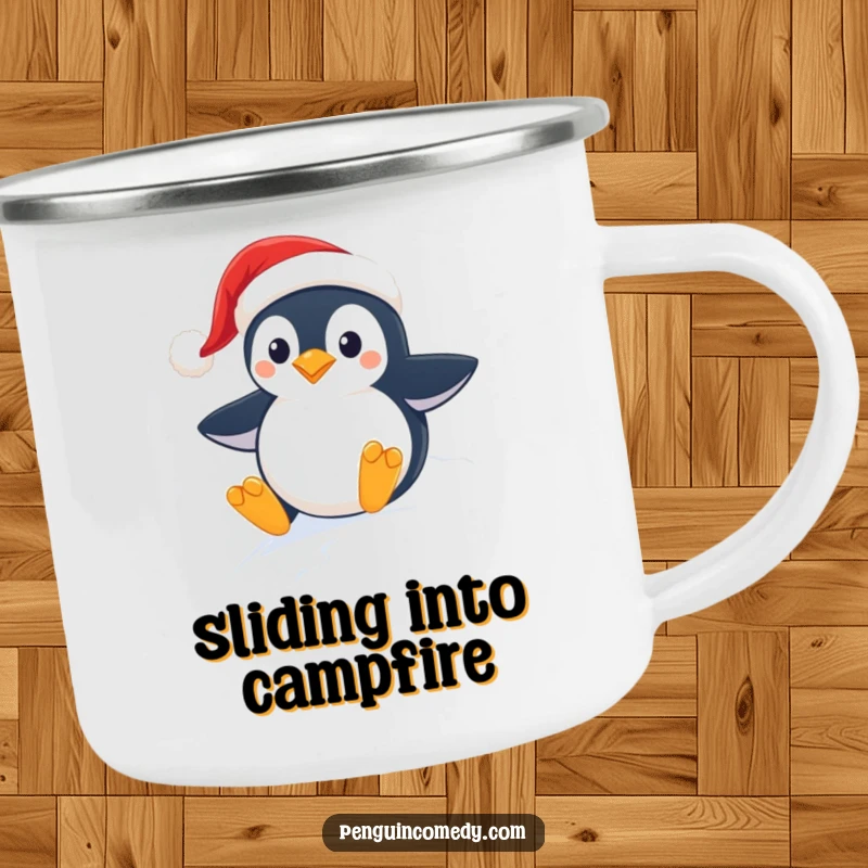 Funny and sturdy camping mug showing a penguin in a Santa hat sledding down a snowy slope, ready for adventure.