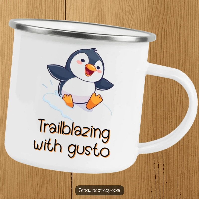 Funny Penguin Camping Mug featuring a gleeful penguin sliding down a snowy slope, ready for outdoor adventures and a warm drink.