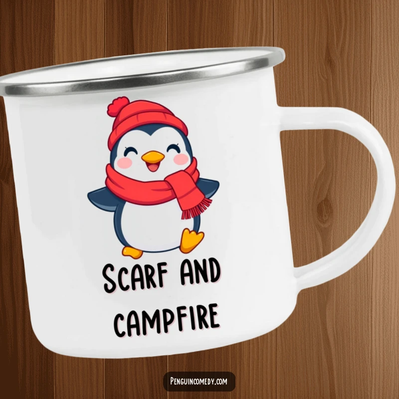 Funny penguin scarf camping mug, showing a cheerful bird with a red scarf, perfect for enjoying drinks outdoors in winter.