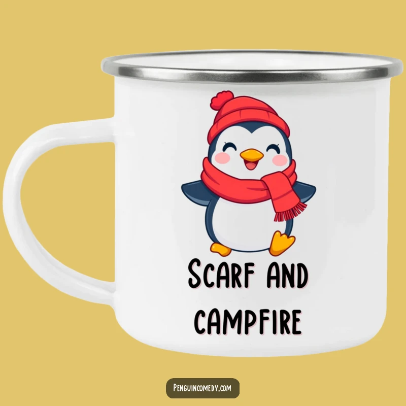 Funny Penguin Scarf Camping Mug: Outdoor Winter Cheer, Adventure Gift!