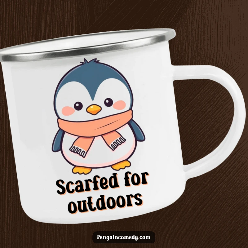 Funny penguin camping mug featuring a smiling penguin wearing a tiny scarf, ideal for cozy outdoor enjoyment.