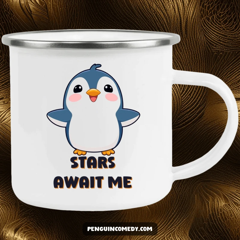 Funny joyful penguin camping mug, with flippers outstretched, ready for outdoor adventures and uplifting drinks.