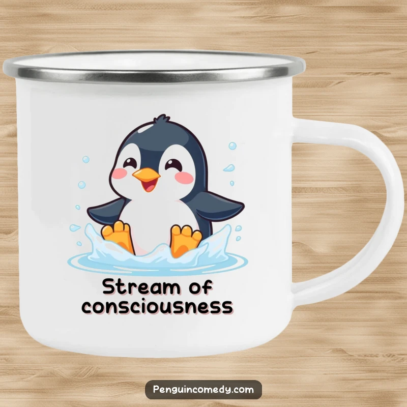 Funny and sturdy camping mug showing a happy penguin making a big splash in icy water, ready for the wild.