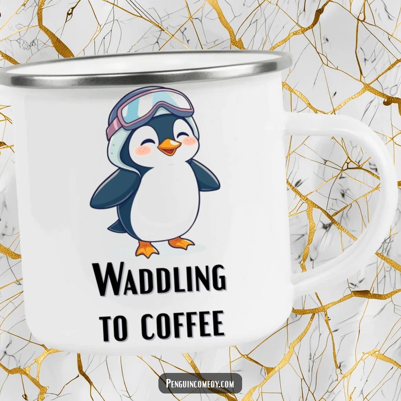 Funny Penguin Camping Mug: A durable mug for outdoor use, featuring a giggling penguin waddling in oversized galoshes, perfect for adventure.