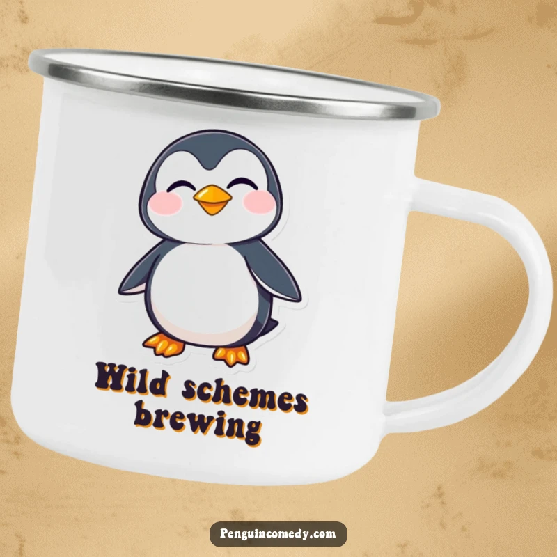 Funny penguin character with a mischievous sideways grin, ready for outdoor fun and playful secrets on this enamel camping mug.
