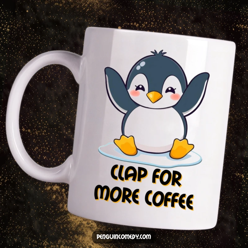 Funny penguin clapping playfully with its flippers on slippery ice, perfect for a funny mug gift.