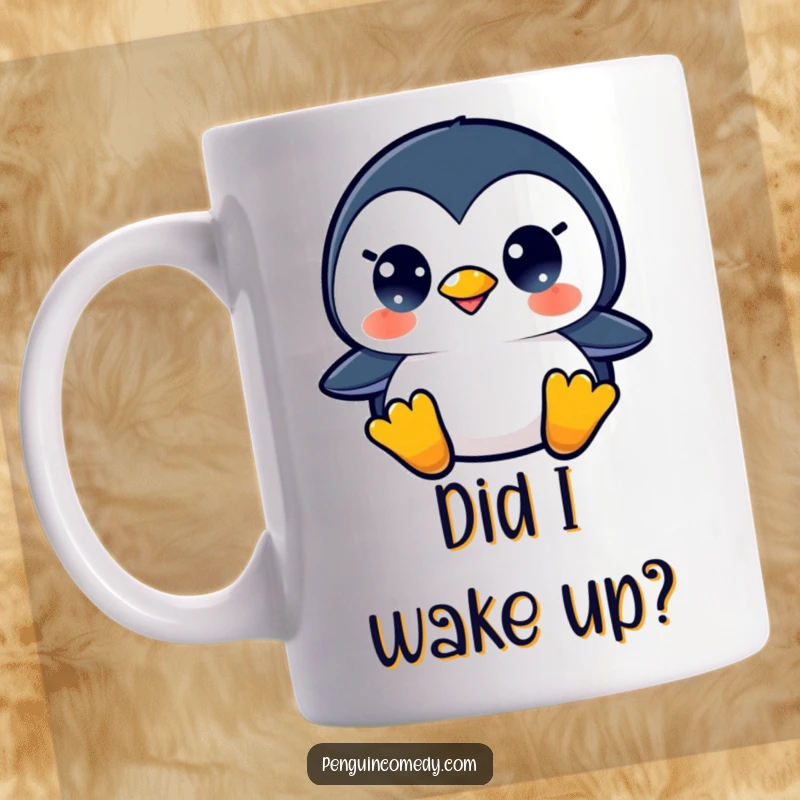 Funny mug with a shocked penguin, beak open in surprise, perfect for a humorous gift.