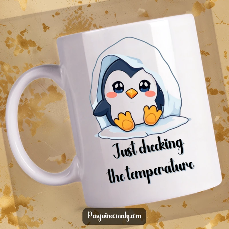 Funny Penguin Mug: A curious penguin peeks with wide eyes from behind an icy iceberg, showcasing its adorable and inquisitive nature.