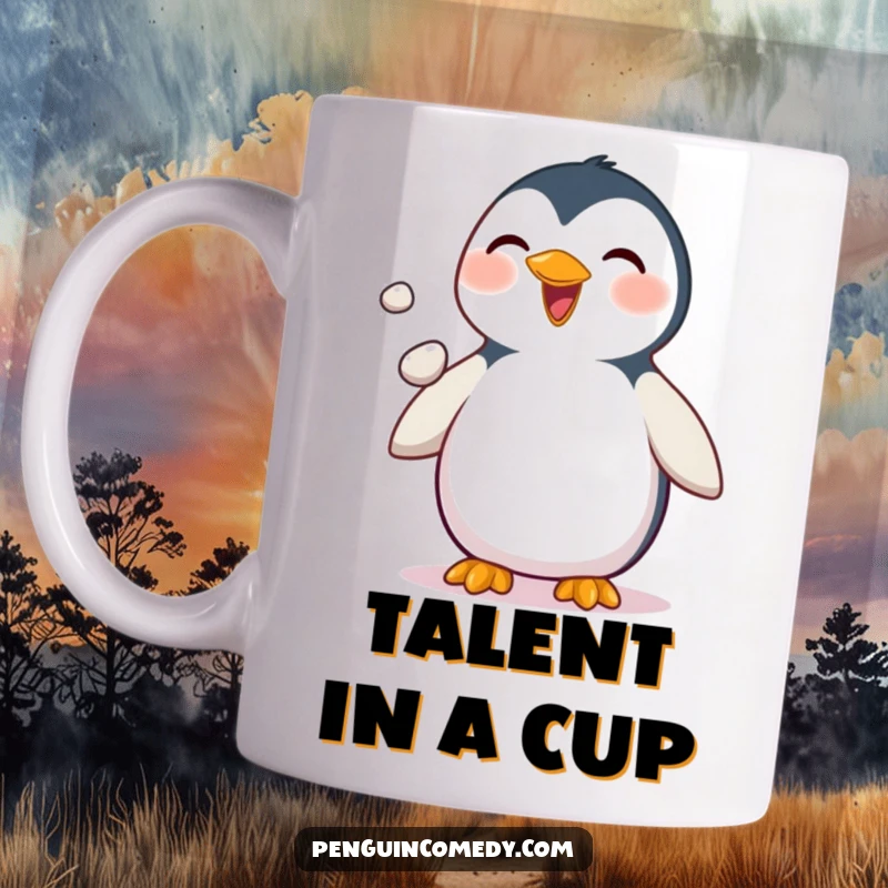 Funny Penguin Mug: A delighted penguin skillfully juggles three small pebbles with its flippers, showcasing playful dexterity and joy.