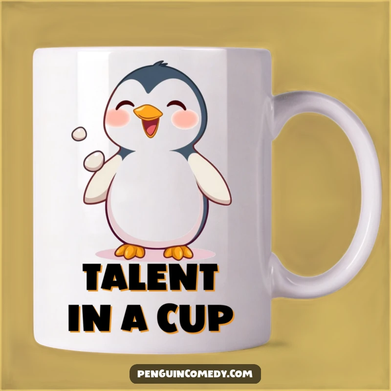 Funny Delighted Penguin Mug - Juggling Pebbles Artist, Playful Gift Idea