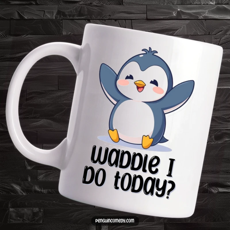 Funny mug featuring an adorable penguin character flapping its wings with sheer excitement and delight.