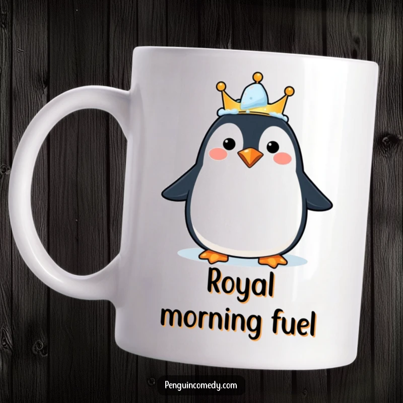 Funny mug with a happy penguin wearing a tiny ice crown, a regal and humorous gift.