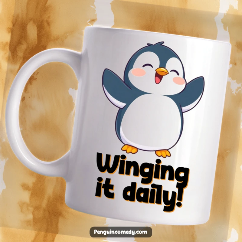 Funny mug featuring an overjoyed penguin enthusiastically flapping its flippers, symbolizing pure, unadulterated happiness and excitement.